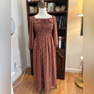 Code x Mode Anthropologie Brown Purple Floral Smocked Prairie Maxi Dress Size M